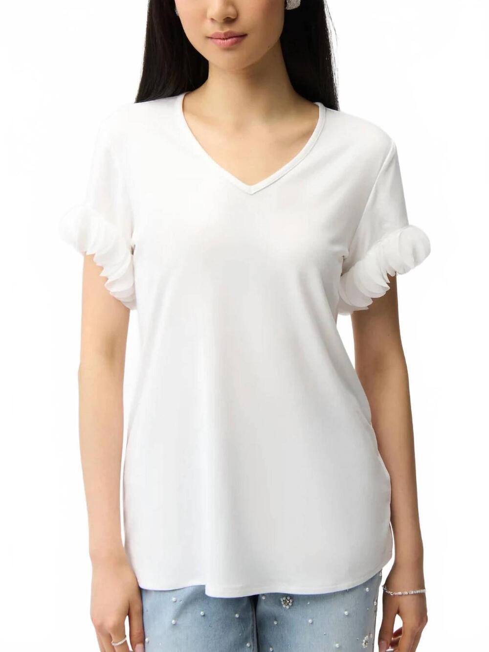 NEW JOSEPH RIBKOFF jersey fitted top with laser cut chiffon sleeve in vanilla